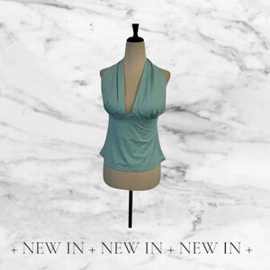 NEW Tommy Bahama Womens Shirred Tie Halter Tankini Swim Top Aqua Small Lined